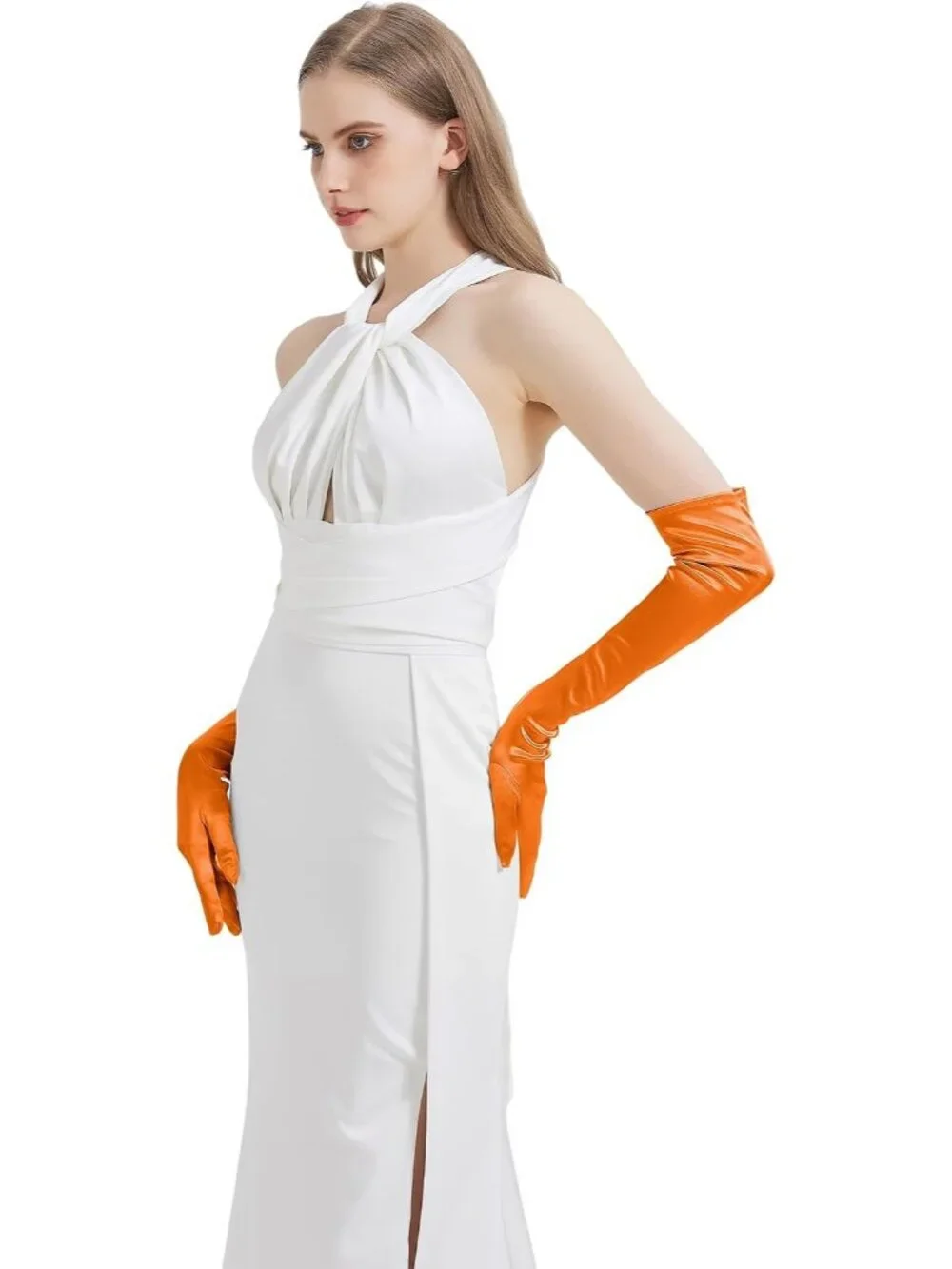Women's Orange Satin Opera Elbow Length 1920s Flapper Long Gloves Party